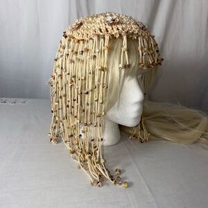 Vintage Handmade Beaded Headdress – Natural Horn & Shell Fringe, Artisan Boho Fe